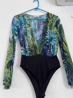 Sheer Tropical Print Long-Sleeve bodysuit